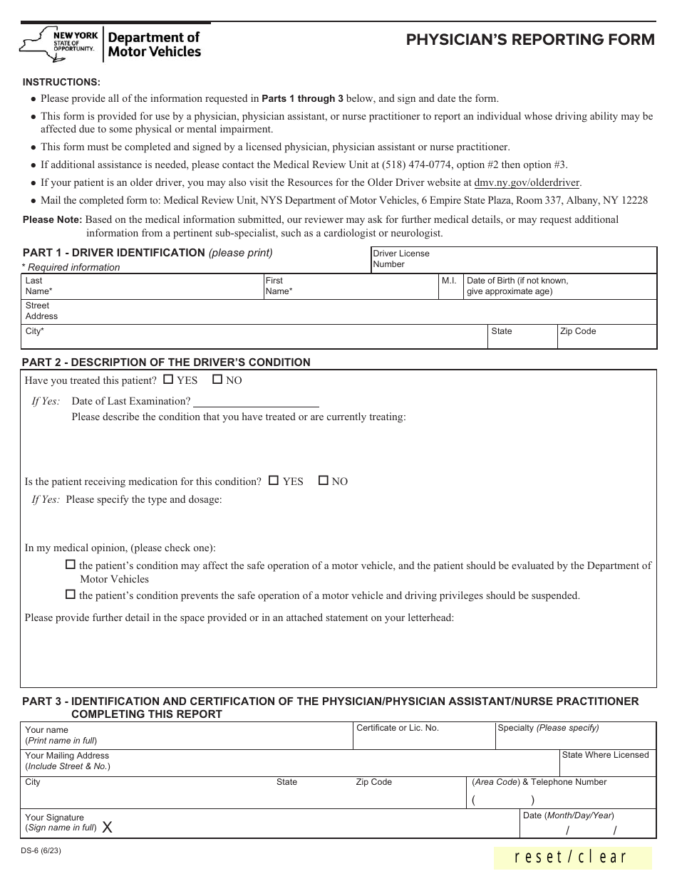 Form DS-6 Download Fillable PDF or Fill Online Physician's Reporting ...