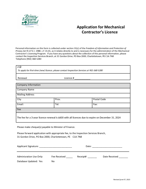 Application for Mechanical Contractor's Licence - Prince Edward Island, Canada Download Pdf