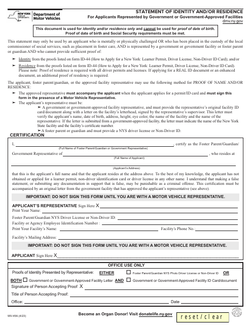 Form MV-45A Statement of Identity - for Applicants Represented by Government or Government-Approved Facilities - New York