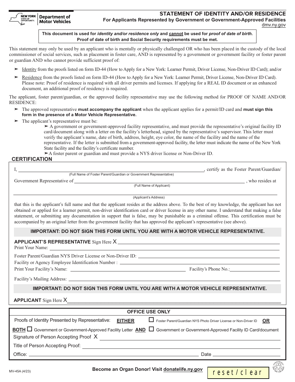 Form MV-45A Download Fillable PDF or Fill Online Statement of Identity ...