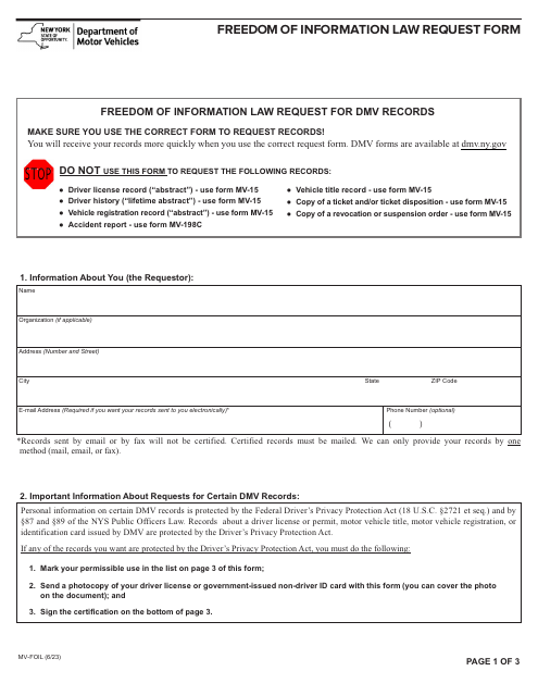 Form MV-FOIL Freedom of Information Law Request Form - New York