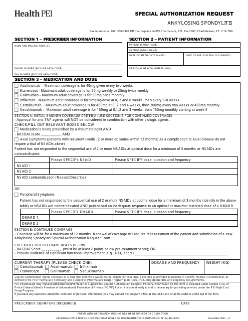 Ankylosing Spondylitis Special Authorization Request - Prince Edward Island, Canada