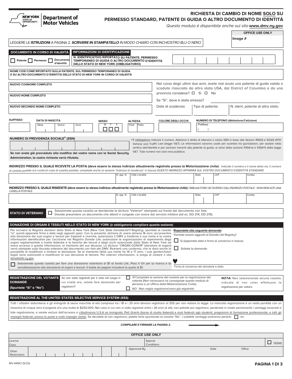 Form MV-44NCI Application for Name Change Only on Standard Permit, Driver License or Non-driver Id Card - New York, Page 1