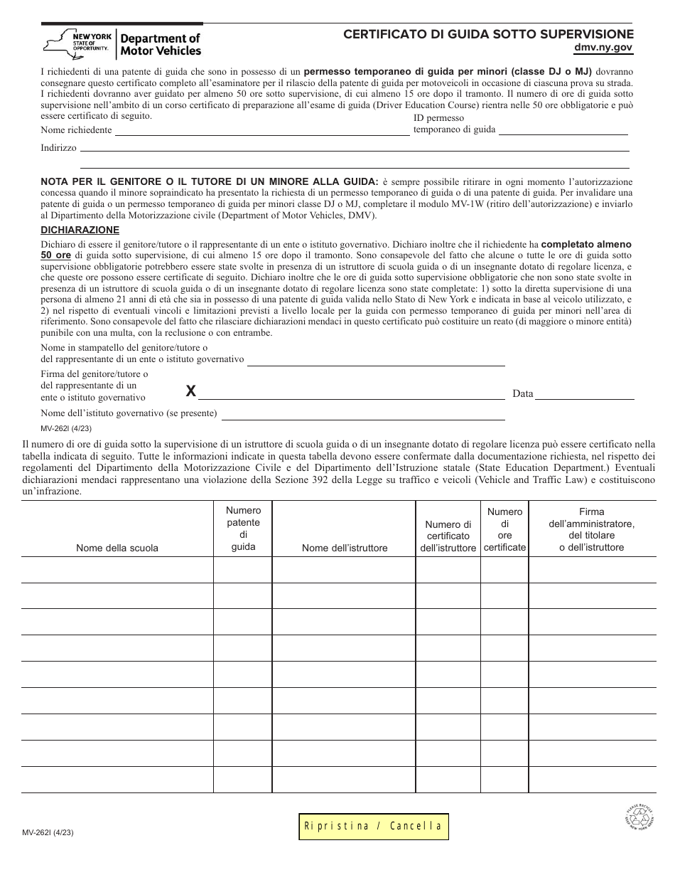 Form MV-262I Certification of Supervised Driving - New York (Italian), Page 1