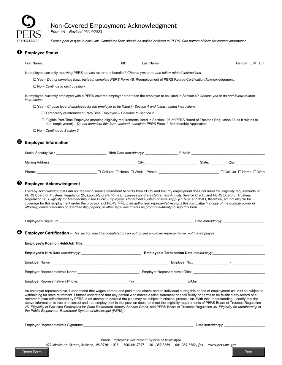 Form 4A Non-covered Employment Acknowledgment - Mississippi, Page 1