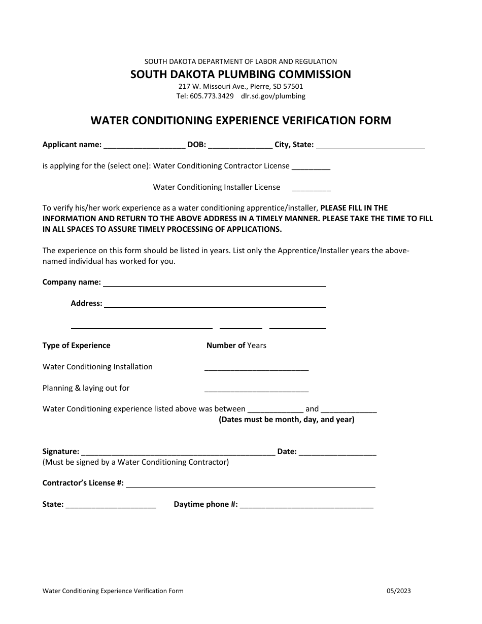 Water Conditioning Experience Verification Form - South Dakota, Page 1