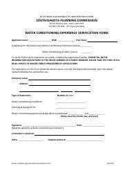 Document preview: Water Conditioning Experience Verification Form - South Dakota