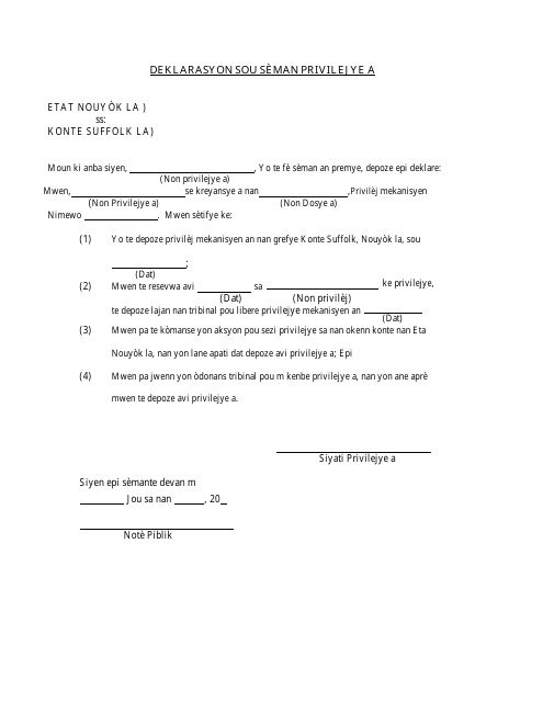 Affidavit of the Lienor - Suffolk County, New York (Haitian Creole) Download Pdf
