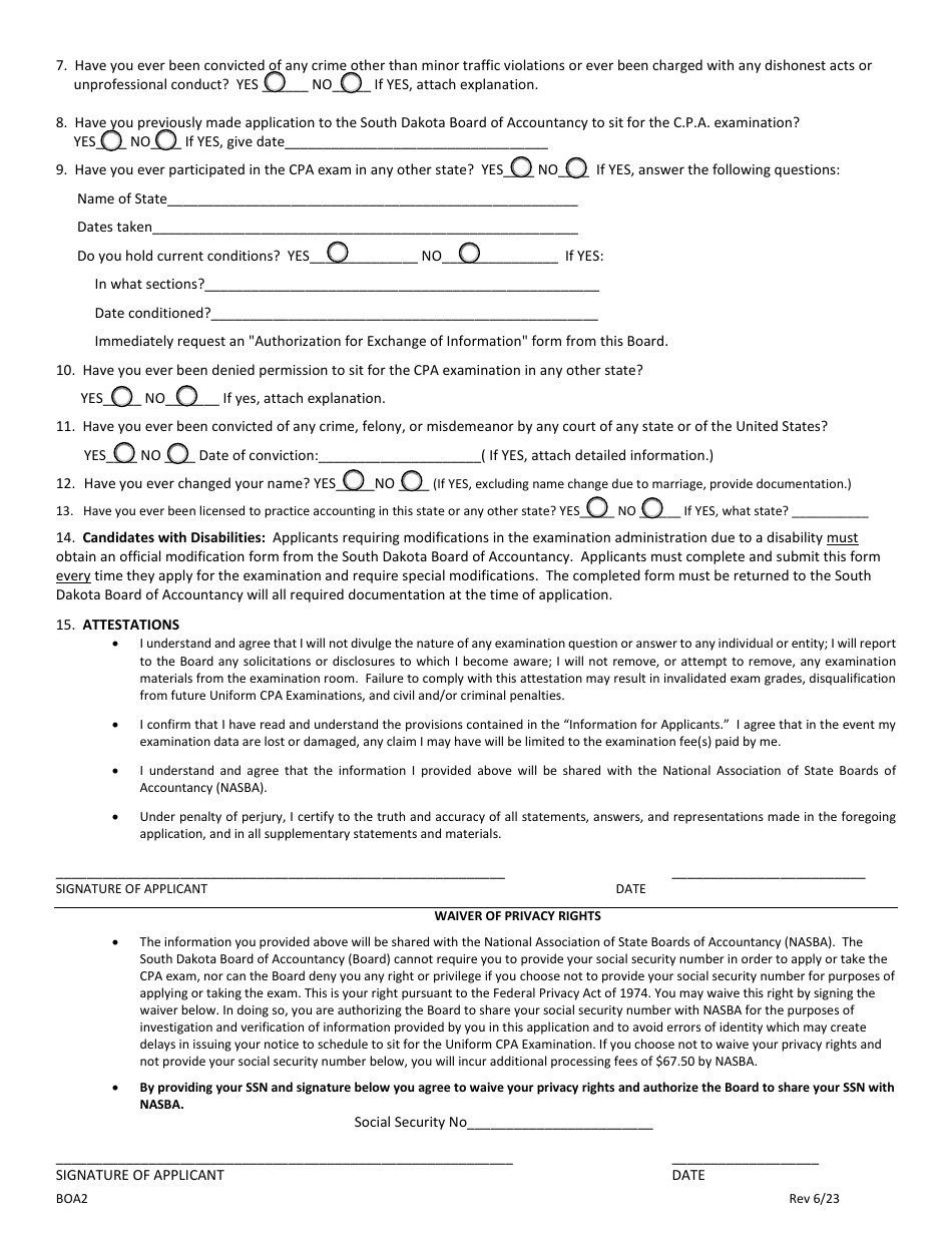 Form BOA2 Uniform CPA Initial Examination Application - South Dakota, Page 2
