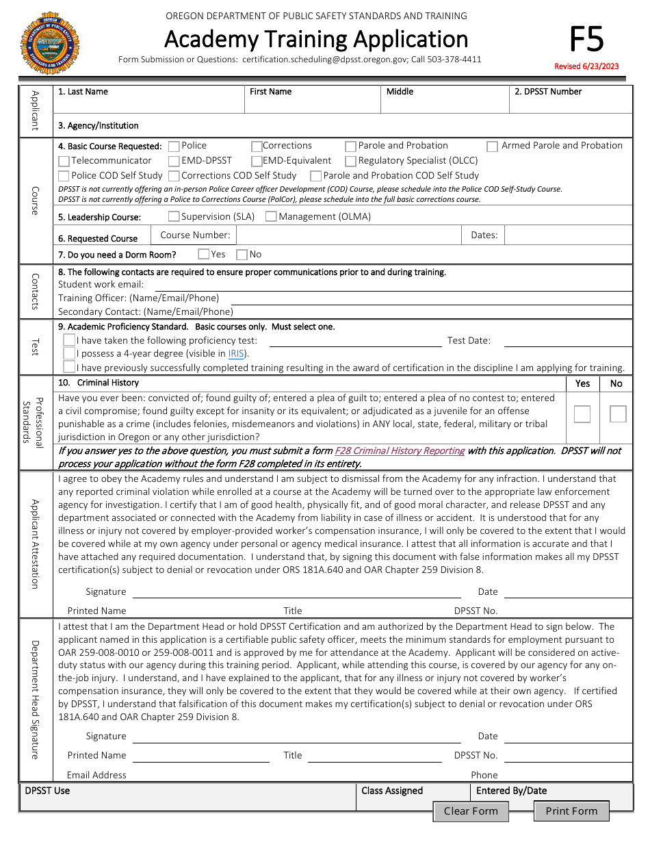 Form F5 Academy Training Application - Oregon, Page 1