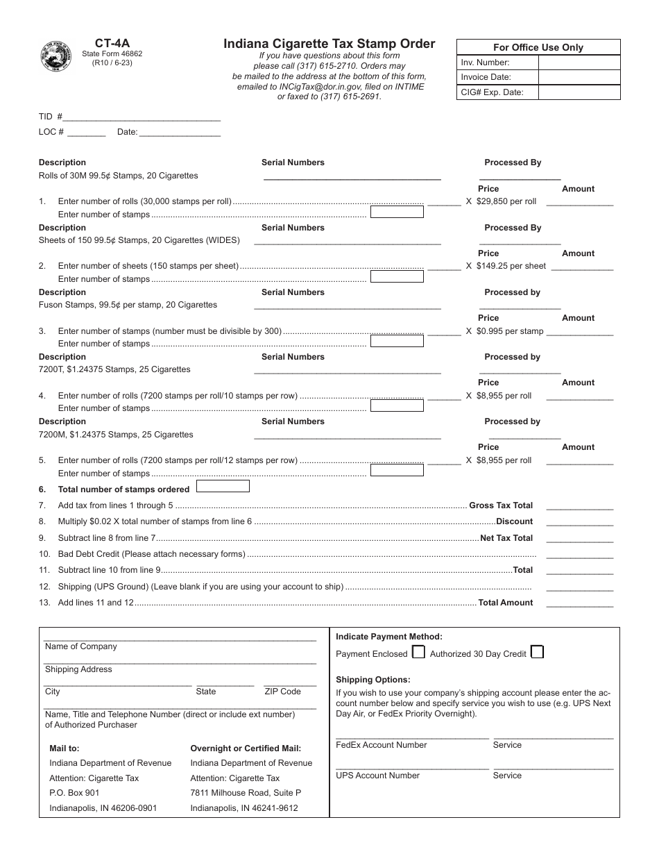 Form CT4A (State Form 46862) Download Fillable PDF or Fill Online