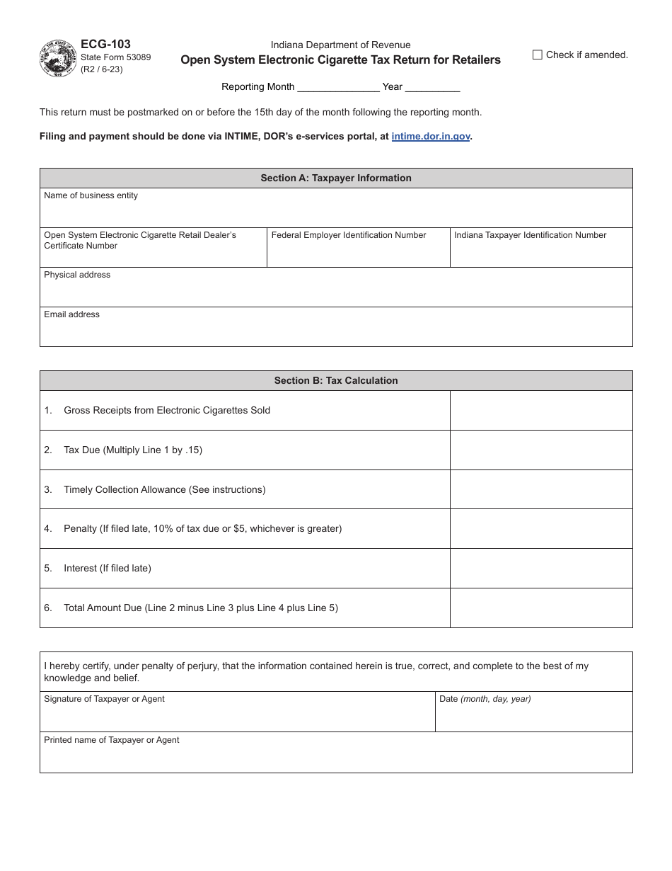 Form ECG-103 (State Form 53089) Open System Electronic Cigarette Tax Return for Retailers - Indiana, Page 1