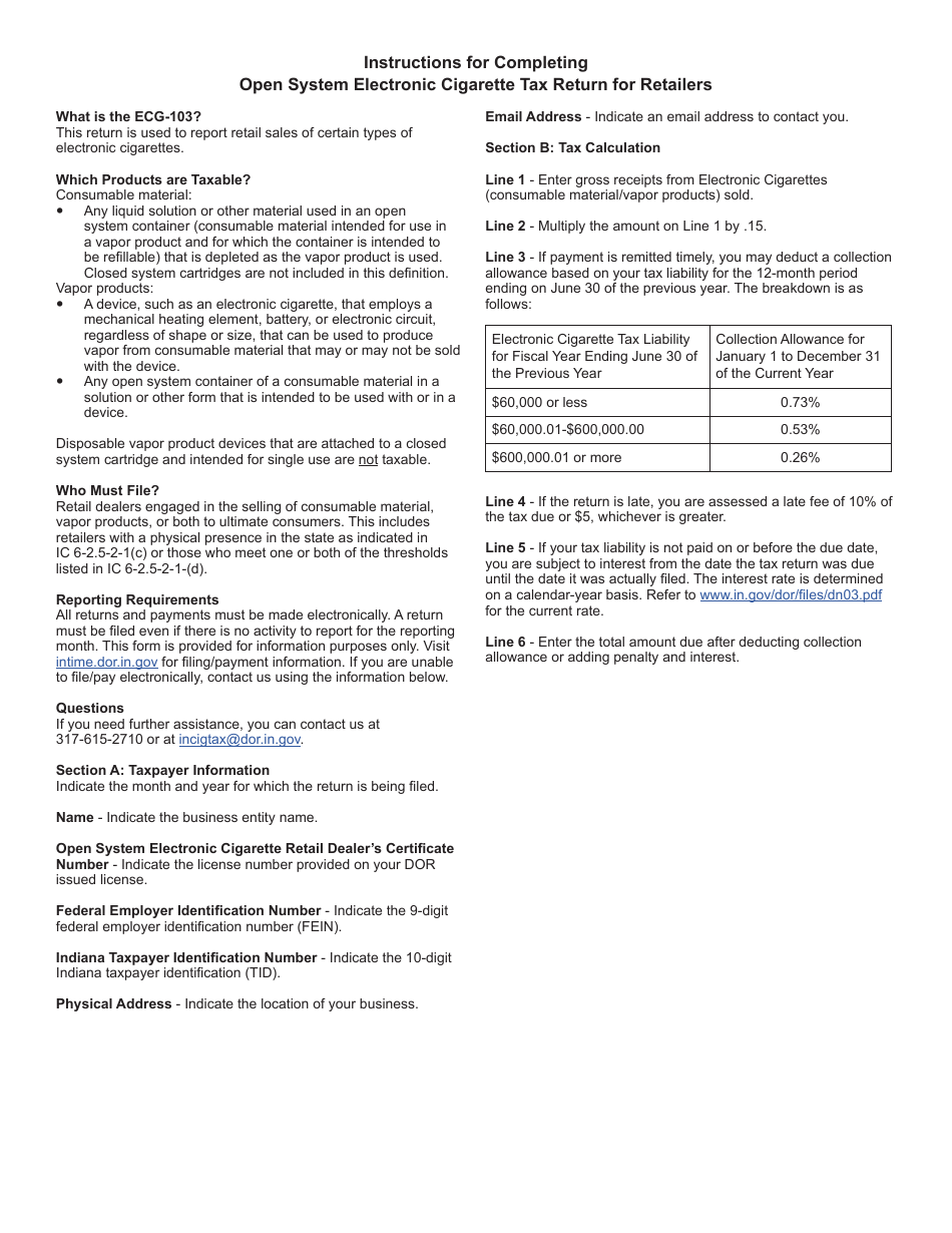 Form ECG-103 (State Form 53089) Open System Electronic Cigarette Tax Return for Retailers - Indiana, Page 2