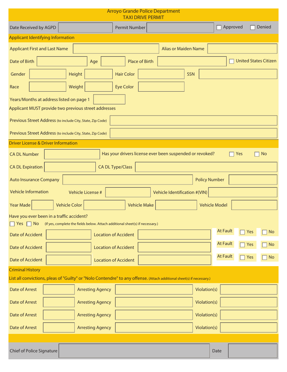 City of Arroyo Grande, California Taxi Drive Permit Fill Out, Sign
