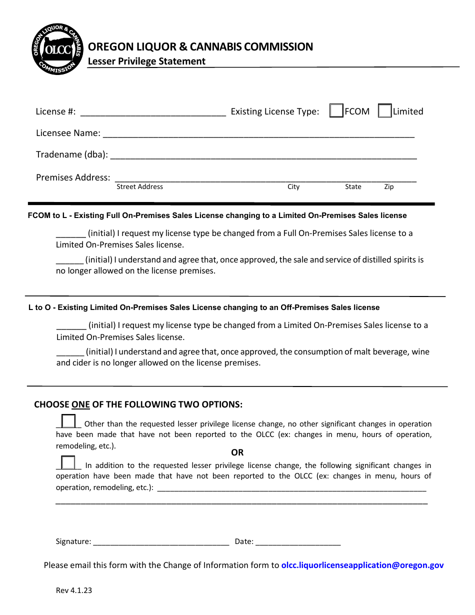 Oregon Lesser Privilege Statement Fill Out, Sign Online and Download