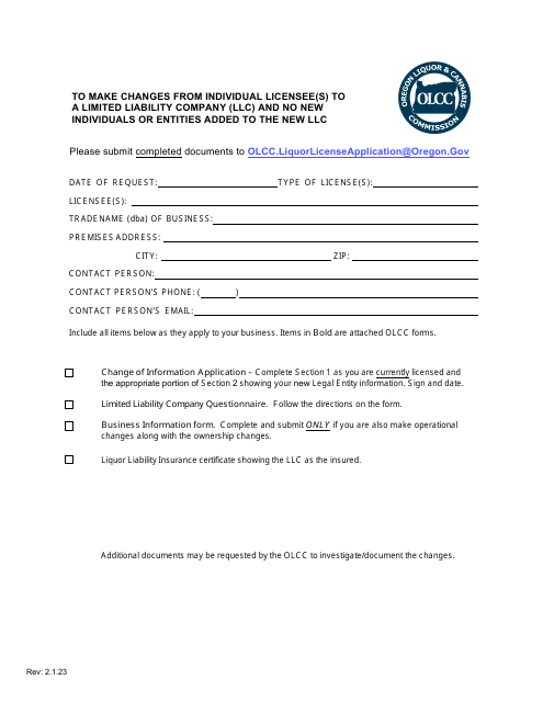 Change From Individual Licensee to Limited Liability Company - Oregon Download Pdf