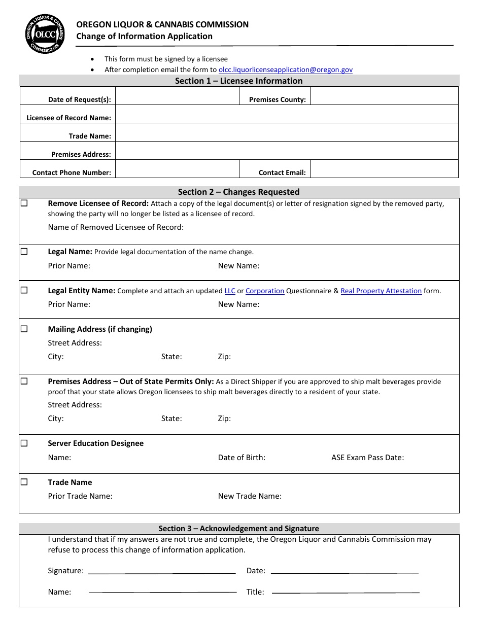 Change From Individual Licensee to Limited Liability Company - Oregon, Page 2