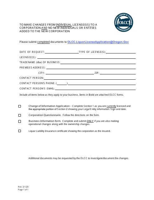 Change From Individual Licensee to Corporation - Oregon Download Pdf