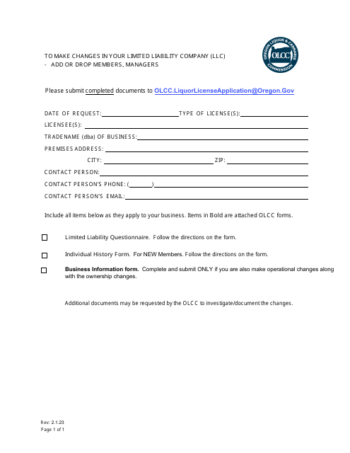 Change in Current Limited Liability Company (Membership / Interest) - Oregon Download Pdf