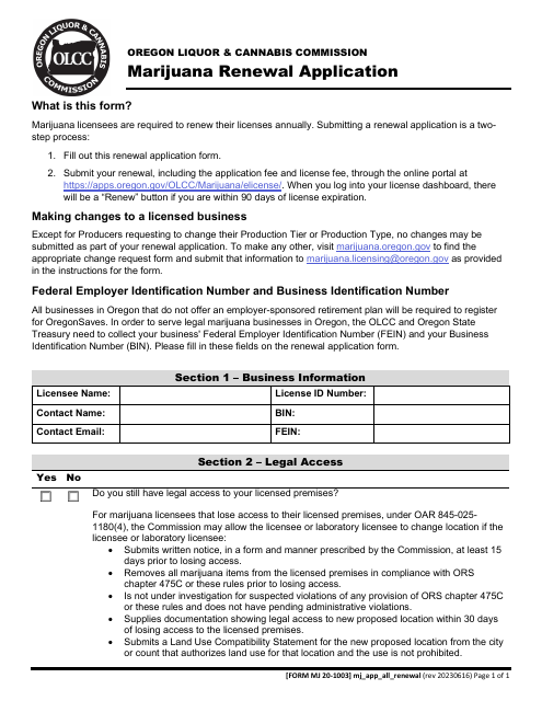 Form MJ20-1003 Marijuana Renewal Application - Oregon