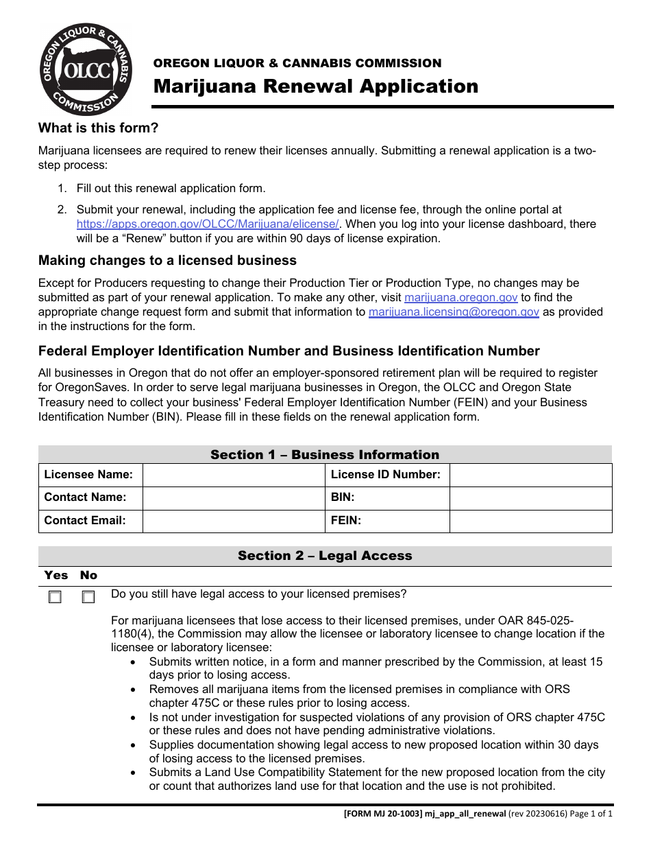 Form MJ20-1003 Marijuana Renewal Application - Oregon, Page 1