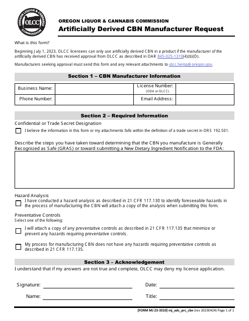 Form MJ23-3310 Artificially Derived Cbn Manufacturer Request - Oregon