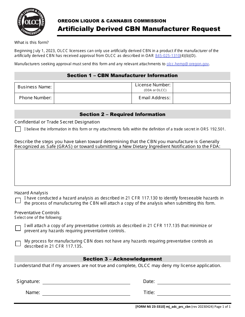 Form MJ23-3310 Artificially Derived Cbn Manufacturer Request - Oregon, Page 1