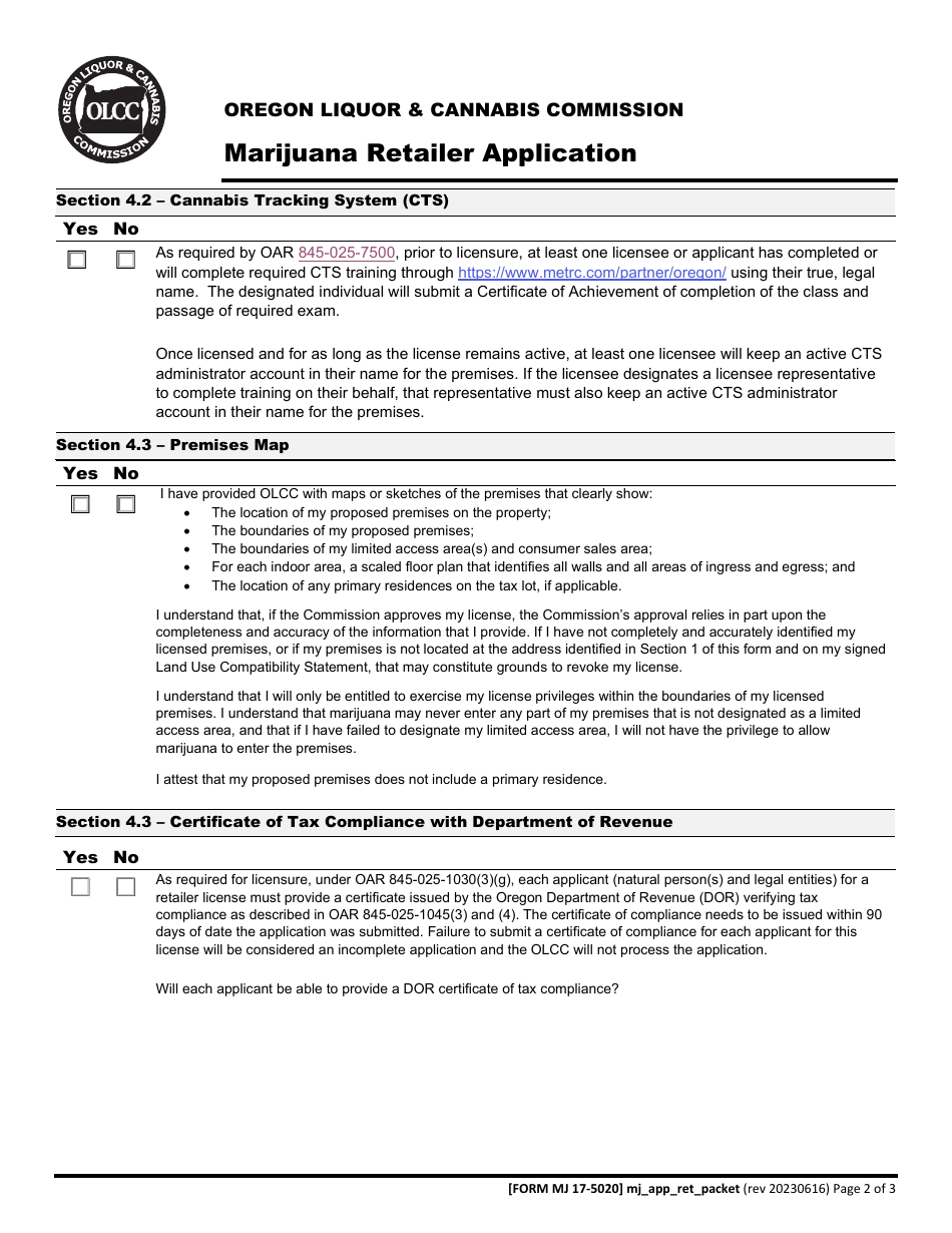 Form MJ17-5020 Marijuana Retailer Application - Oregon, Page 3