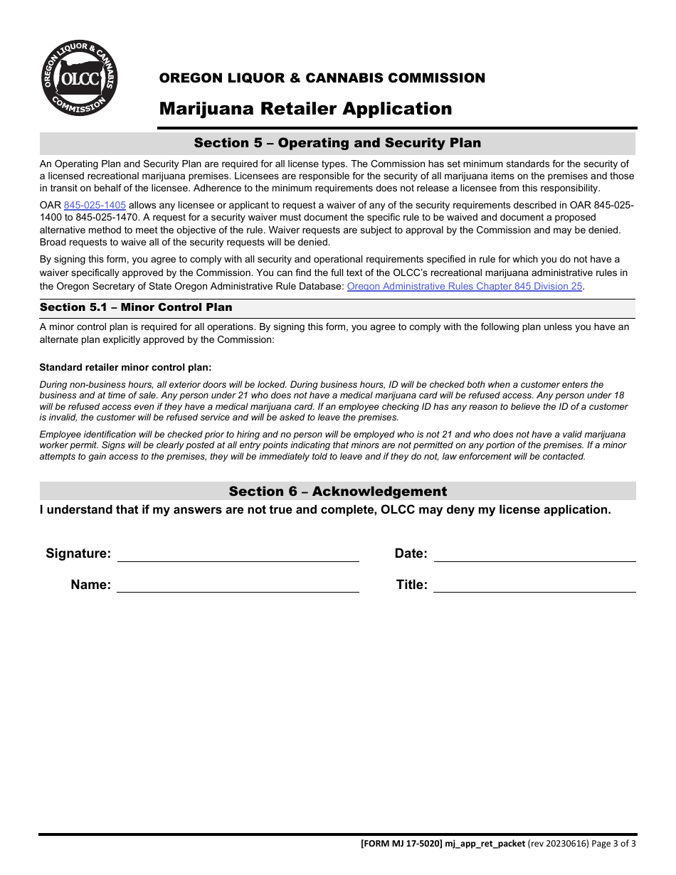 Form MJ17-5020 Marijuana Retailer Application - Oregon, Page 4