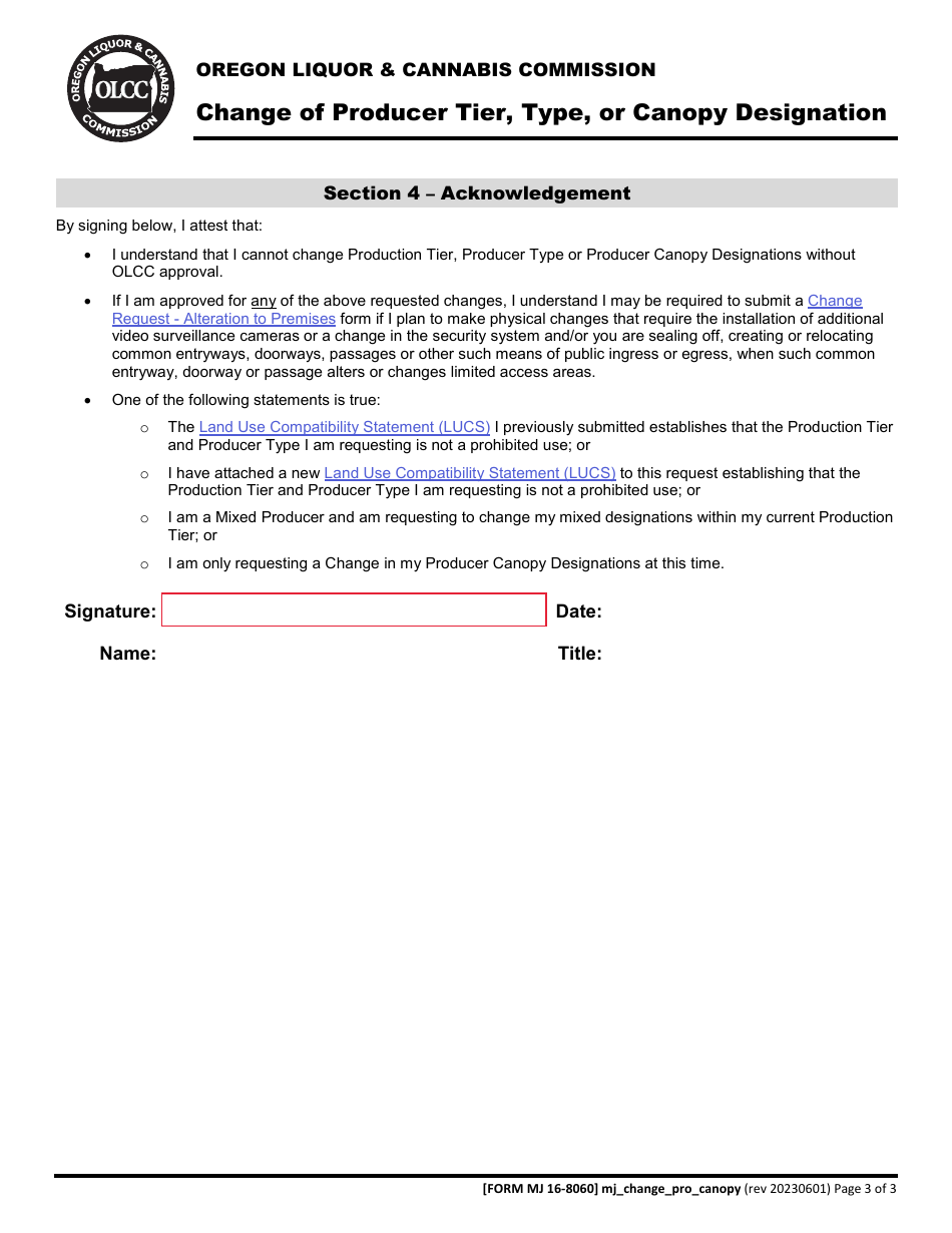 Form MJ16-8060 Change in Producer Tier, Type, or Canopy Designations - Oregon, Page 4