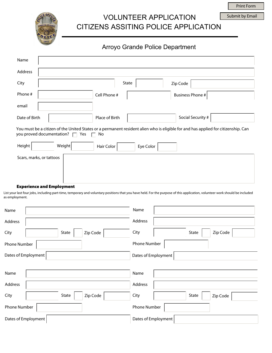 Volunteer Application - Citizens Assisting Police Application - City of Arroyo Grande, California, Page 1