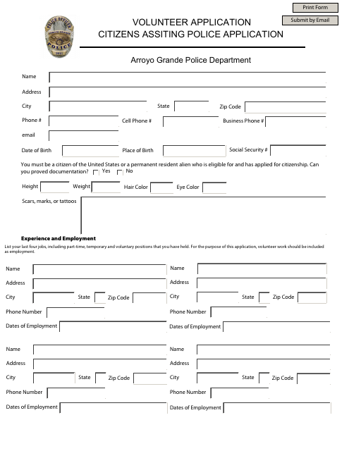 Volunteer Application - Citizens Assisting Police Application - City of Arroyo Grande, California