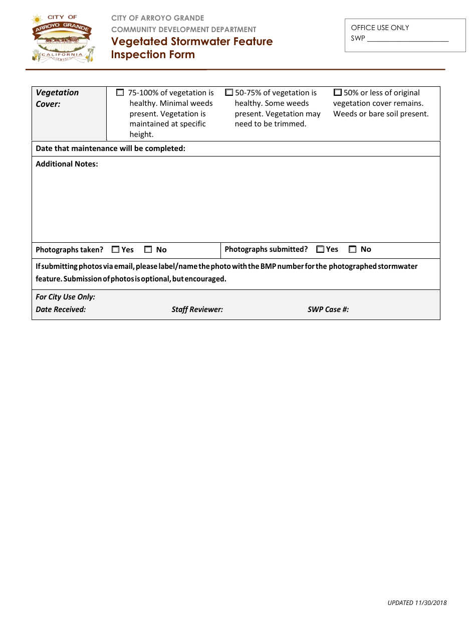 Vegetated Stormwater Feature Inspection Form - City of Arroyo Grande, California, Page 2
