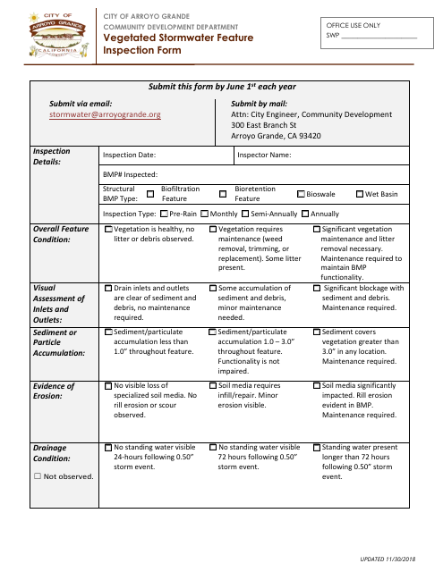 Vegetated Stormwater Feature Inspection Form - City of Arroyo Grande, California Download Pdf