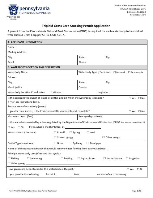 Form PFBC-TGC005 Triploid Grass Carp Stocking Permit Application - Pennsylvania