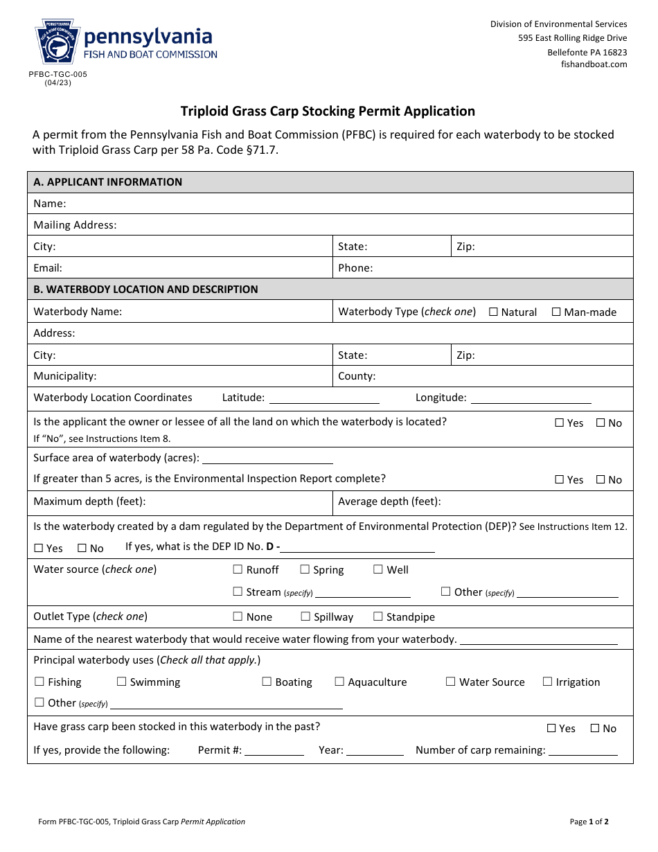 Form PFBC-TGC005 Triploid Grass Carp Stocking Permit Application - Pennsylvania, Page 1