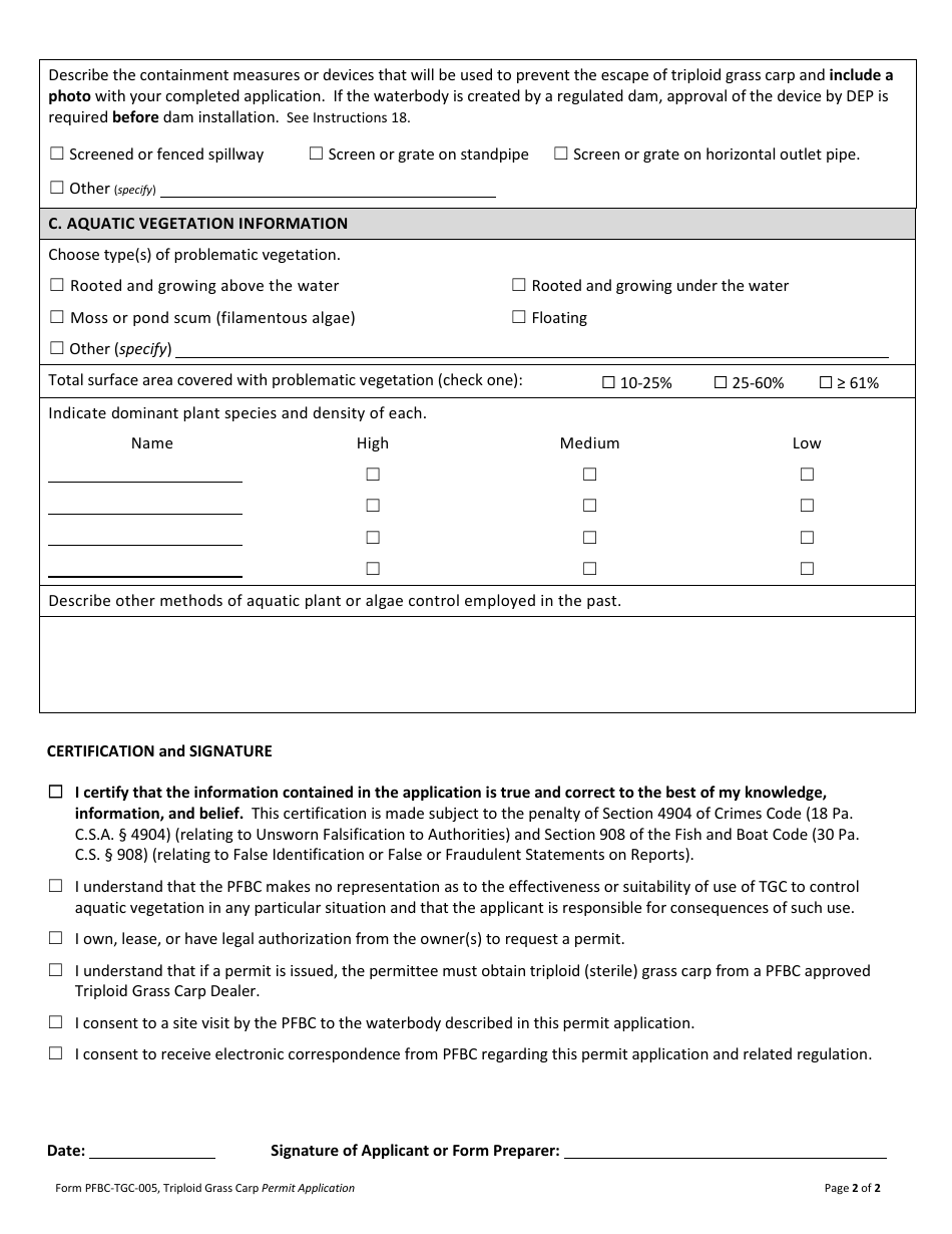 Form PFBC-TGC005 Triploid Grass Carp Stocking Permit Application - Pennsylvania, Page 2