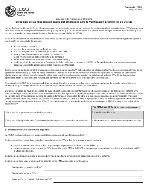 Formulario 1722-S Seleccion De Las Responsabilidades Del Empleador Para La Verificacion Electronica De Visitas - Texas (Spanish)