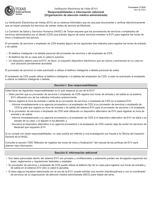 Formulario 1718-S Responsabilidades E Informacion Adicional (Organizacion De Atencion Medica Administrada) - Texas (Spanish)