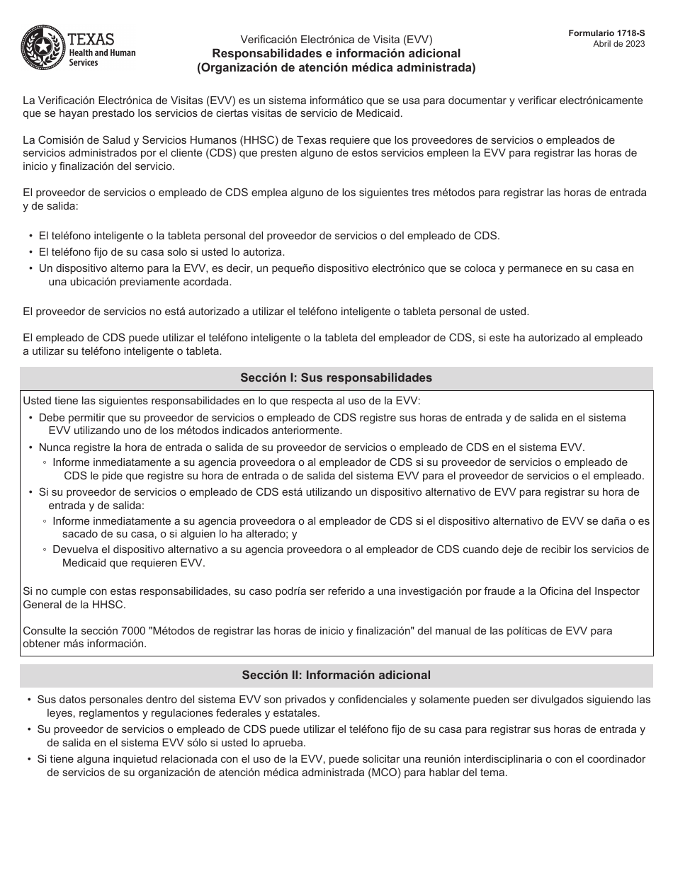 Formulario 1718-S Responsabilidades E Informacion Adicional (Organizacion De Atencion Medica Administrada) - Texas (Spanish), Page 1