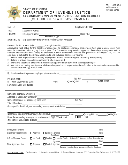 Form FDJJ1002.07-1 Attachment 1 Secondary Employment Authorization Request (Outside of State Government) - Florida
