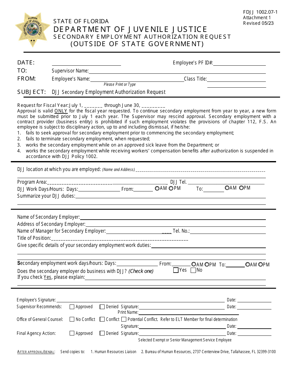 Form FDJJ1002.07-1 Attachment 1 Secondary Employment Authorization Request (Outside of State Government) - Florida, Page 1
