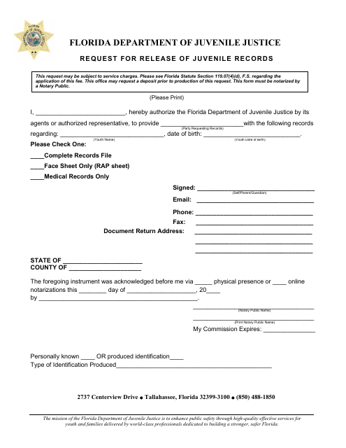 Request for Release of Juvenile Records - Florida Download Pdf