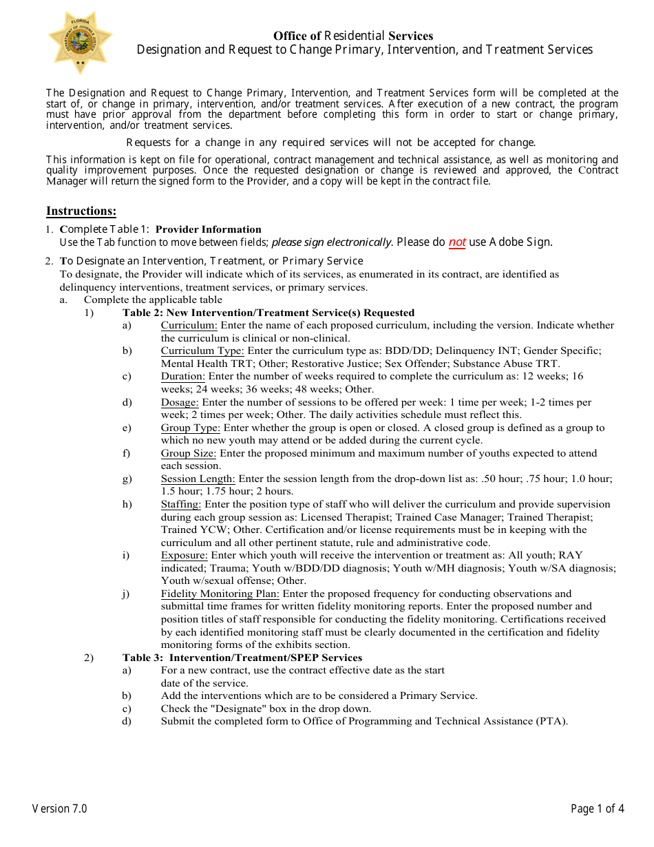 Designation and Request to Change Primary, Intervention, and Treatment Services - Florida, Page 1