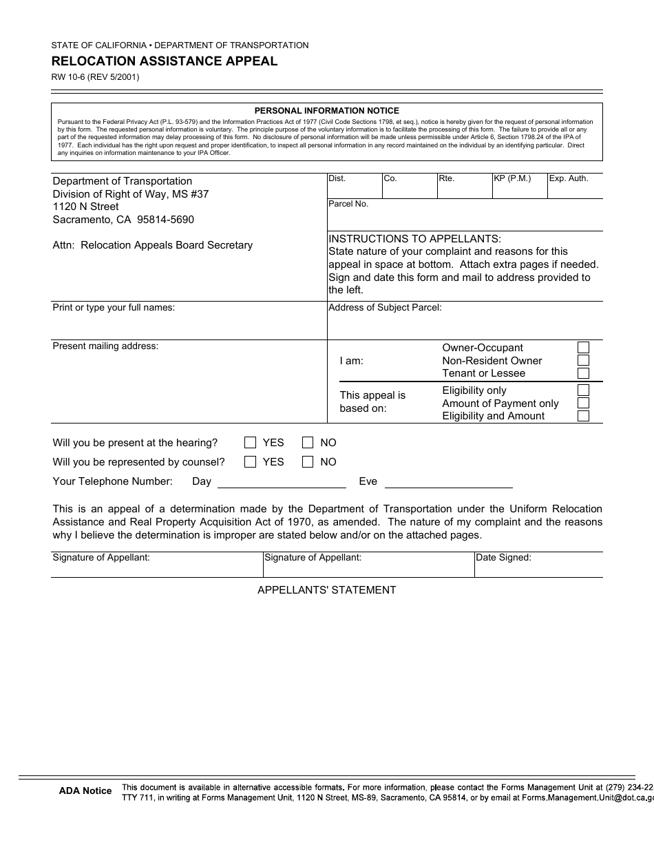 Form RW10-6 Relocation Assistance Appeal - California, Page 1