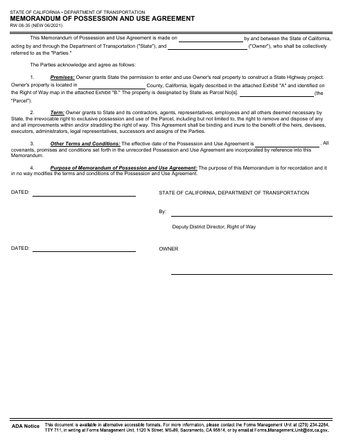 Form RW08-35 Memorandum of Possession and Use Agreement - California