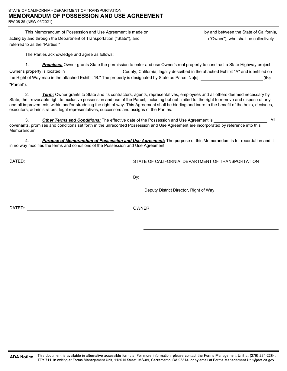 Form RW08-35 Memorandum of Possession and Use Agreement - California, Page 1