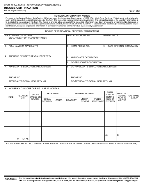 Form RW11-24 Income Certification - California