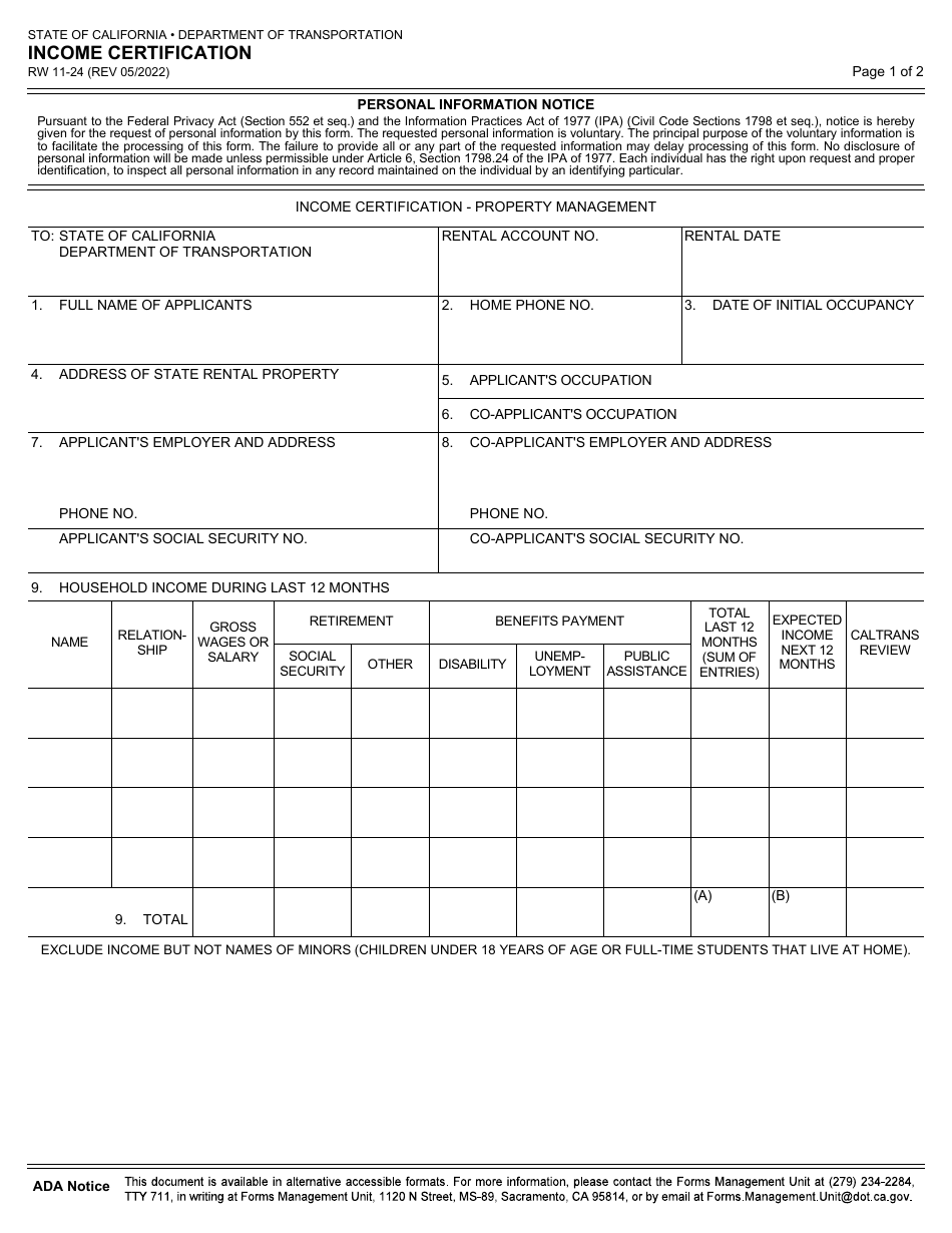 Form RW11-24 Income Certification - California, Page 1