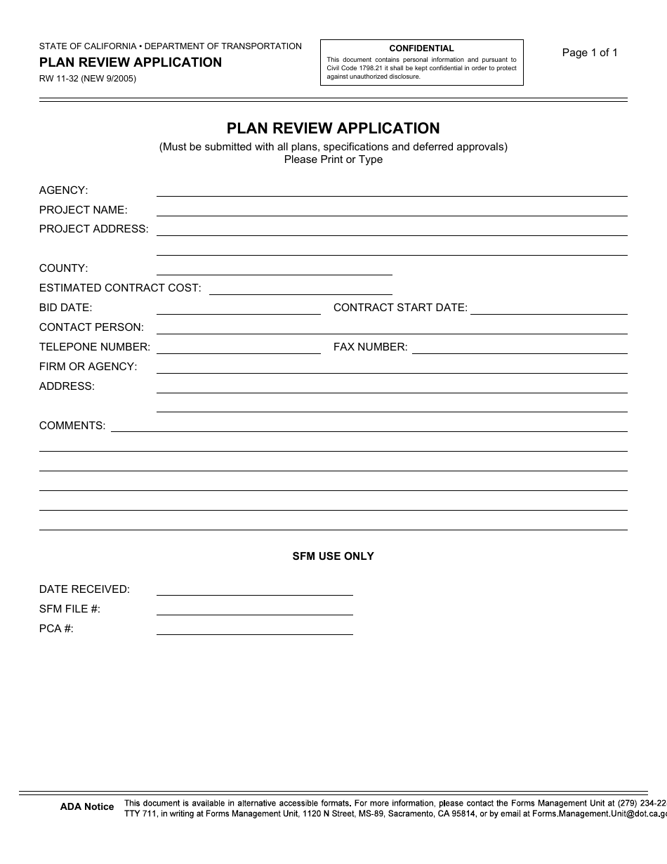 Form RW11-32 Plan Review Application - California, Page 1